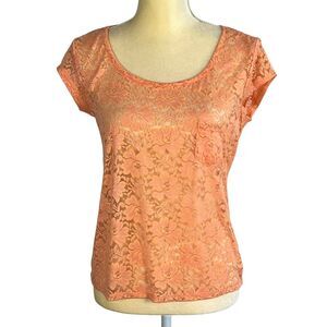 Ambiance Apparel Women's Lace Top Floral Short Sleeve Pocket Blouse Orange Large